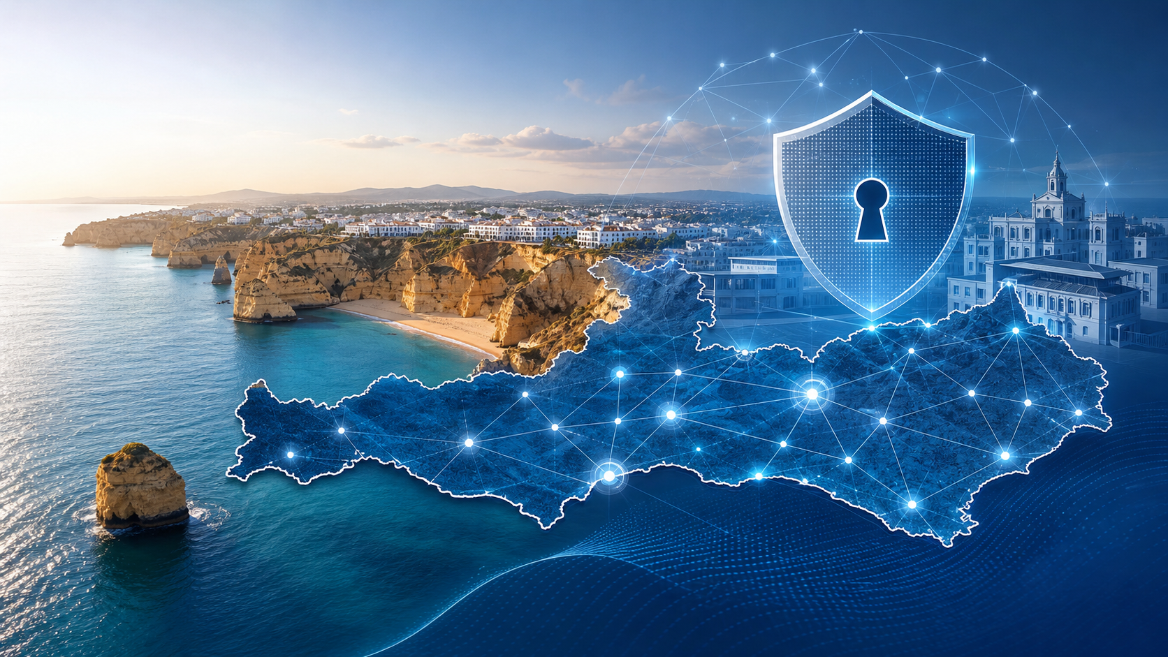 Representação visual do Algarve, Sul de Portugal, em contexto NIS2 e cibersegurança
